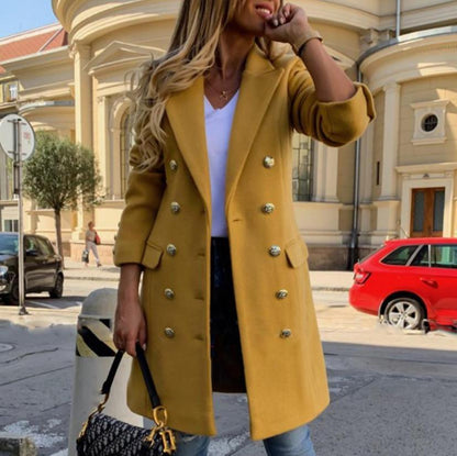 Manteau mi-long jaune croisé à col revers pour femme
