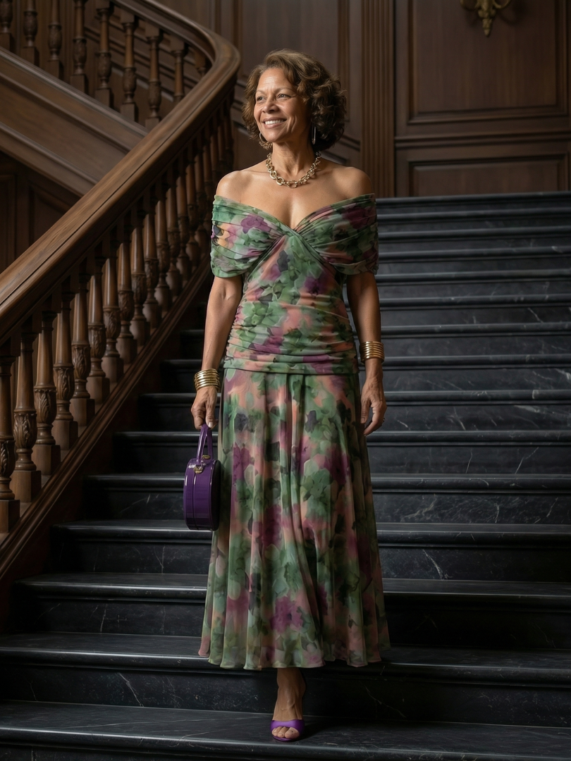 Isaline | Robe Midi Épaules Dénudées Fluide