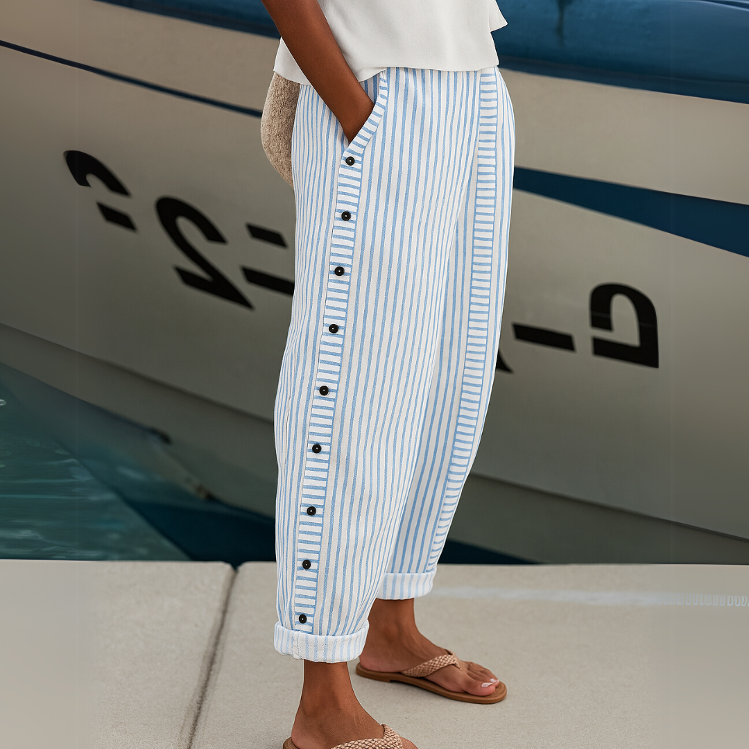 Pantalon rayé femme taille haute à boutons