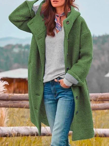 Manteau long femme à capuche boutonné, coupe décontractée
