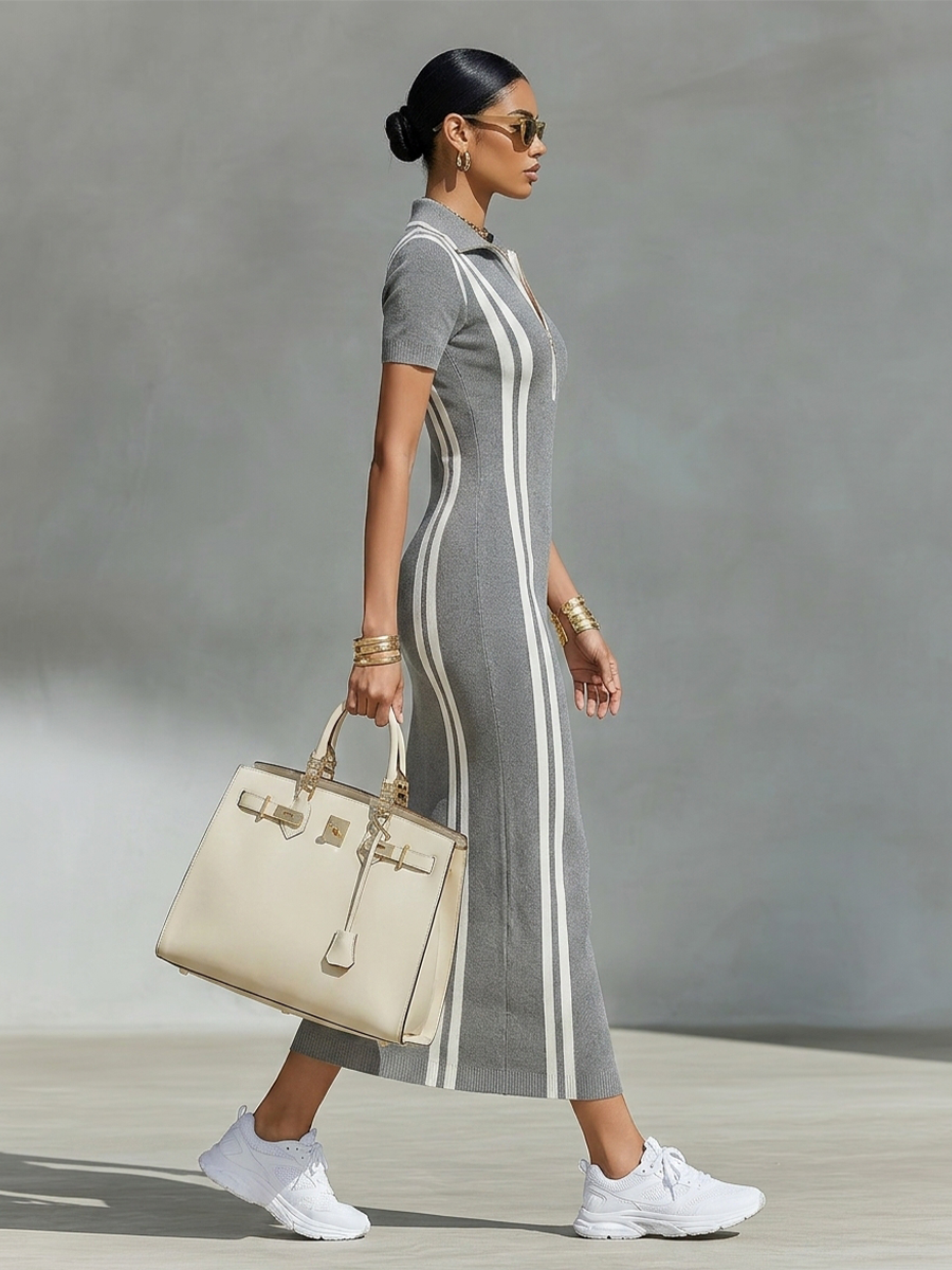 Robe longue femme col polo zippé à rayures latérales