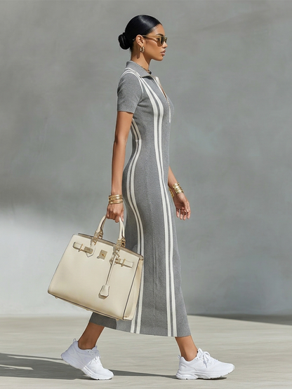 Robe longue femme col polo zippé à rayures latérales