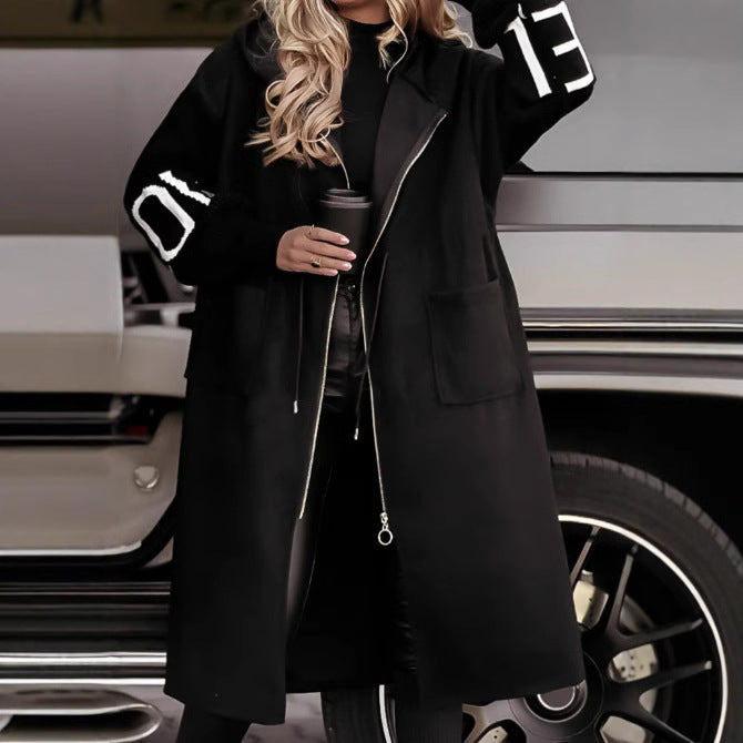 Manteau long femme à capuche et cordon de serrage