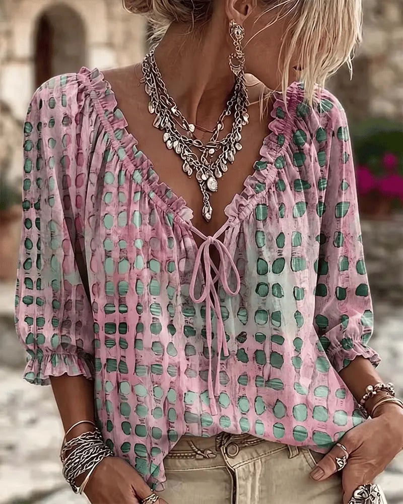 Blouse femme à pois avec col V à lacets