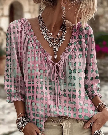 Blouse femme à pois avec col V à lacets