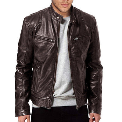 Veste homme slim en simili cuir marron, zip, coupe moderne