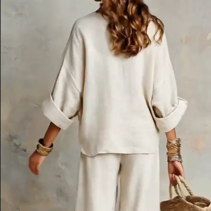 Ensemble deux pièces femme haut col V pantalon large
