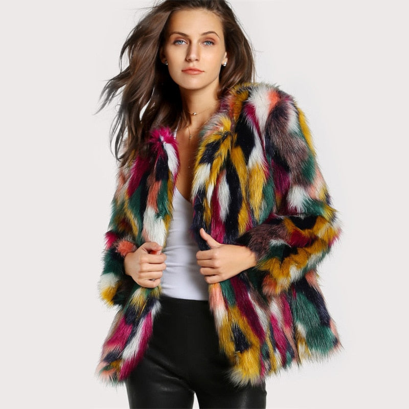 Manteau femme en fausse fourrure multicolore, manches longues
