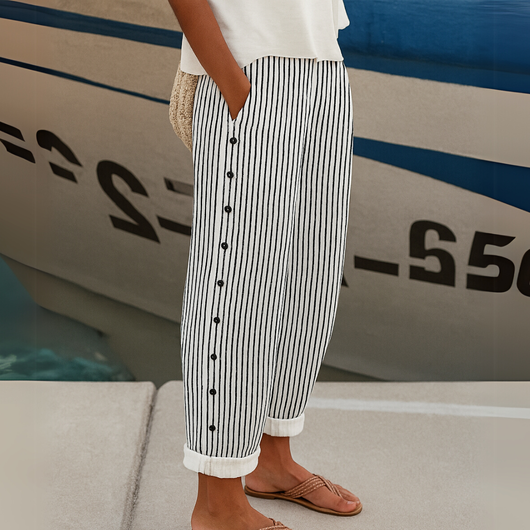Pantalon rayé femme taille haute à boutons