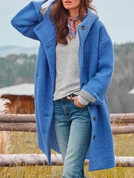Manteau long femme à capuche boutonné, coupe décontractée