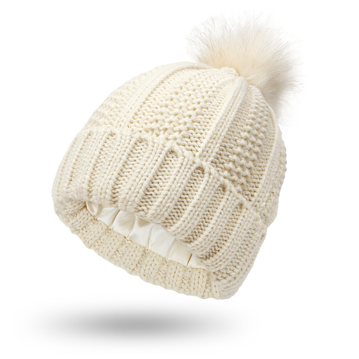 Bonnet femme doublé satin avec pompon fausse fourrure
