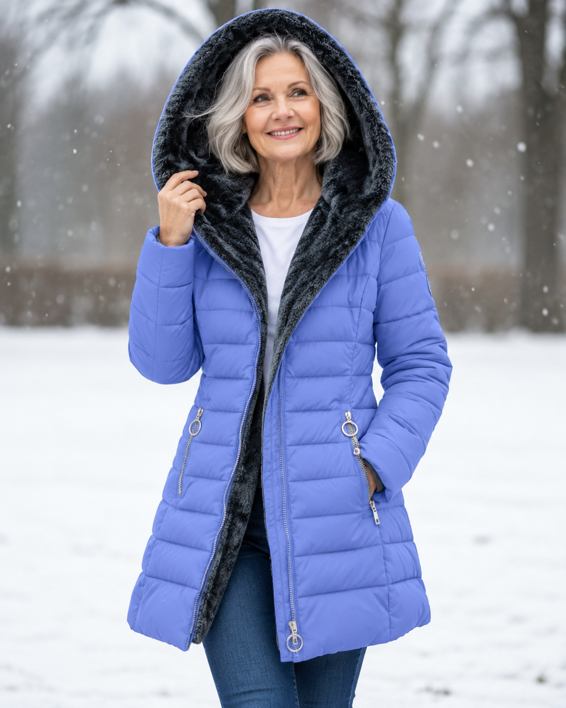 Femme portant un manteau d'hiver matelassé à capuche