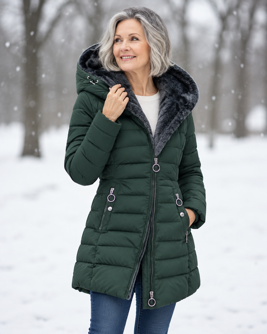 Femme portant un manteau d'hiver matelassé à capuche