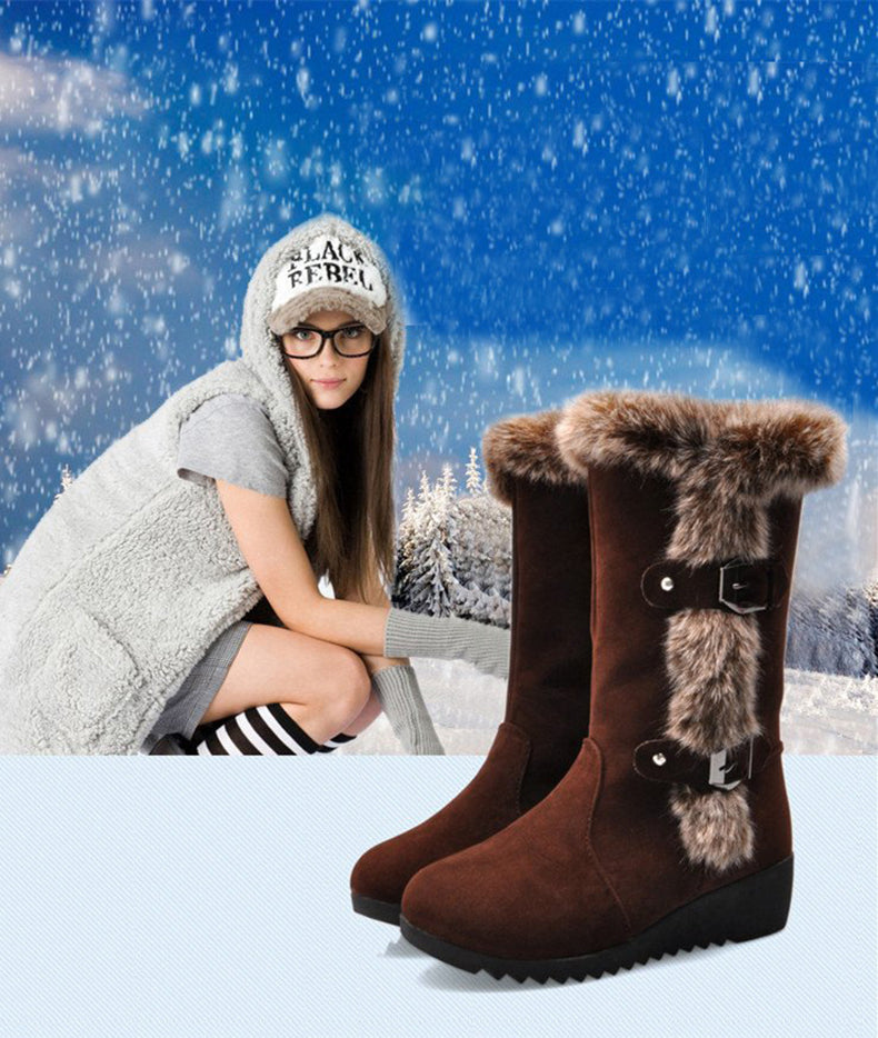 Bottes de neige femme mi-mollet fourrées noires et marron