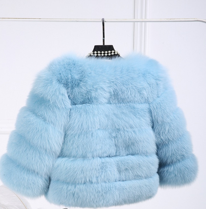 Manteau femme d'hiver court à effet fourrure bandes horizontales