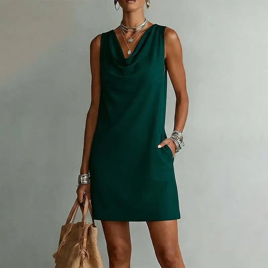 Mini robe femme sans manches avec col drapé