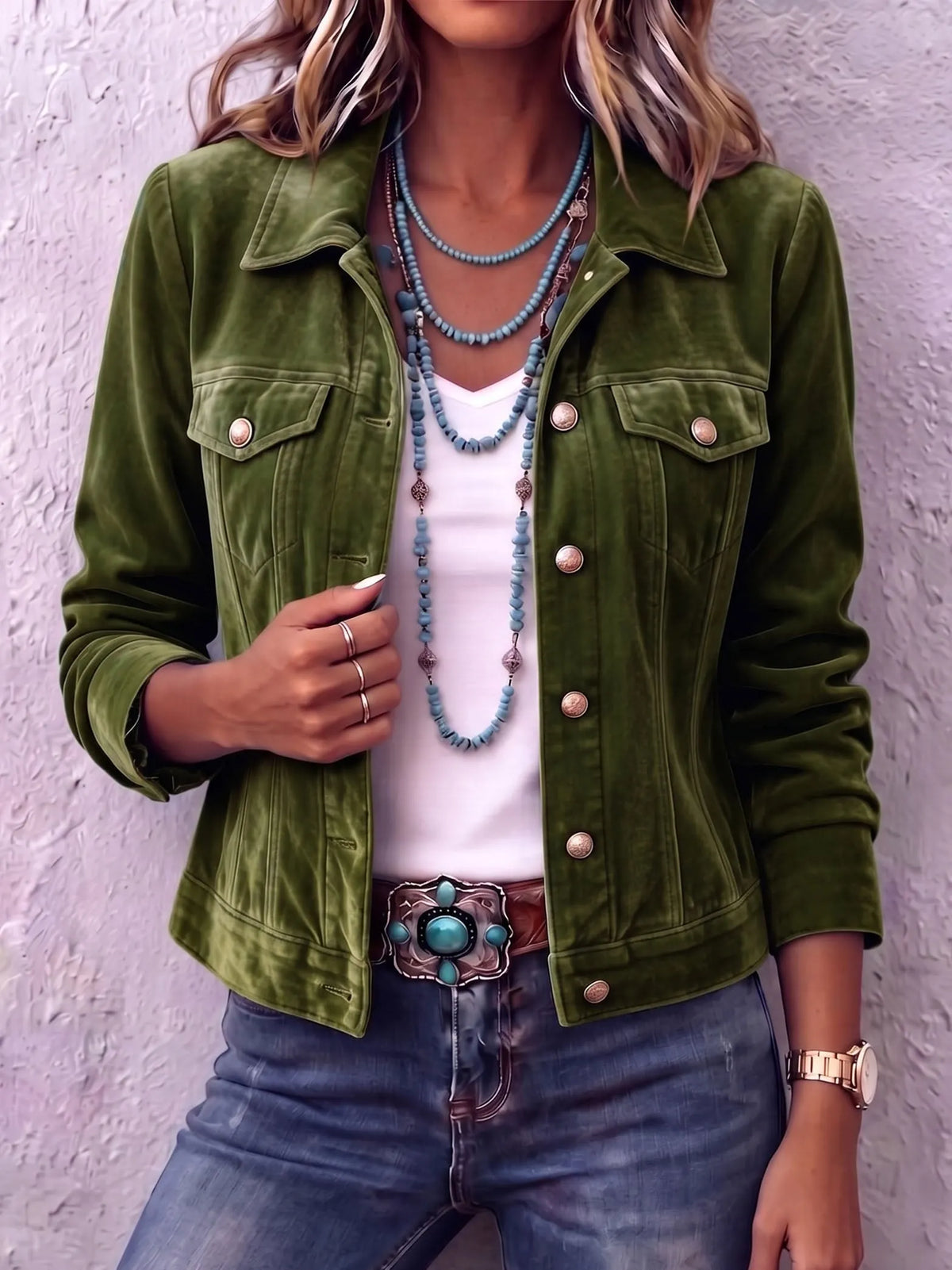 Femme portant une veste boutonnée délavée au style vintage