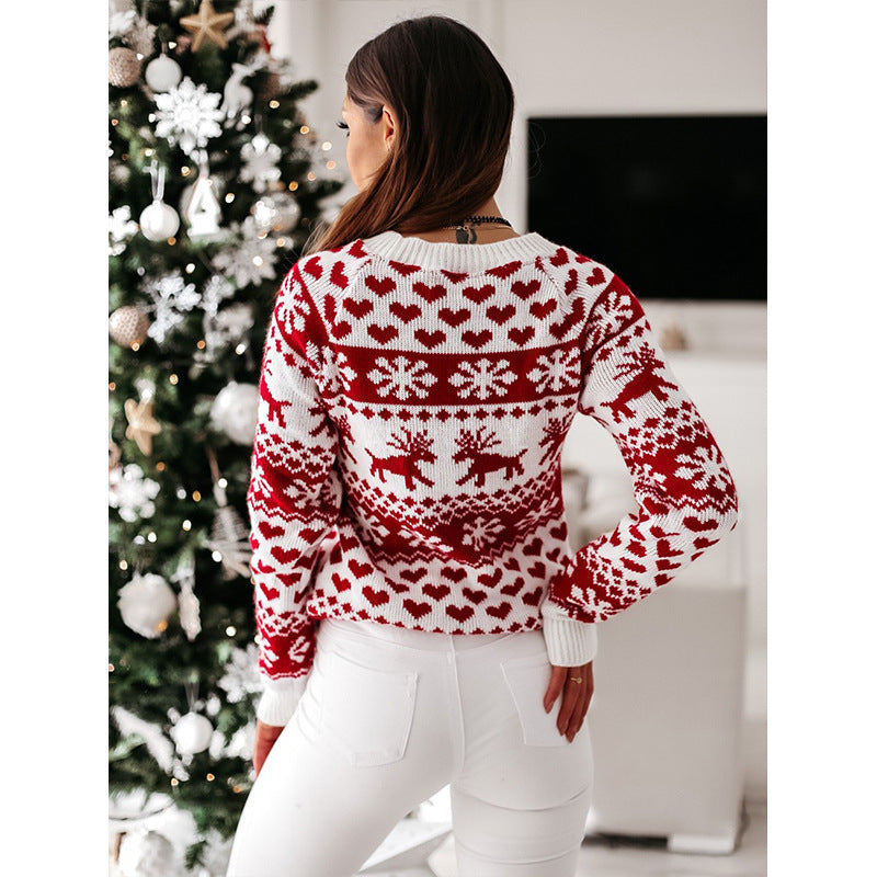 Pull de Noël femme motif renne et flocons de neige