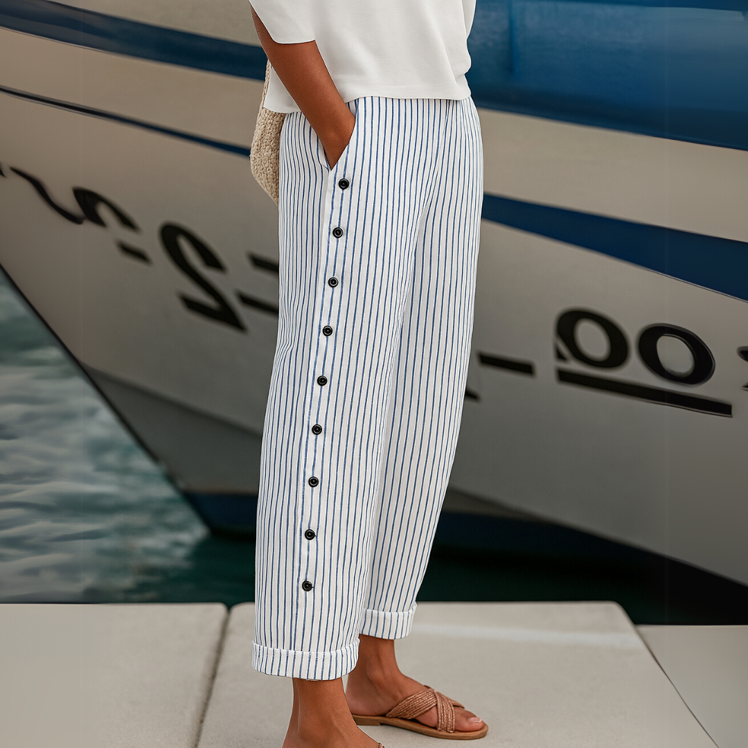 Pantalon rayé femme taille haute à boutons