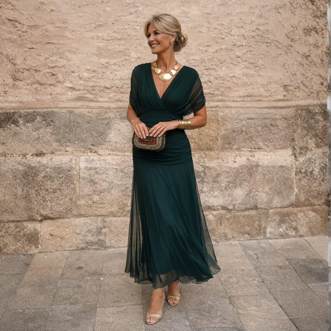 Robe maxi femme drapée col V taille froncée