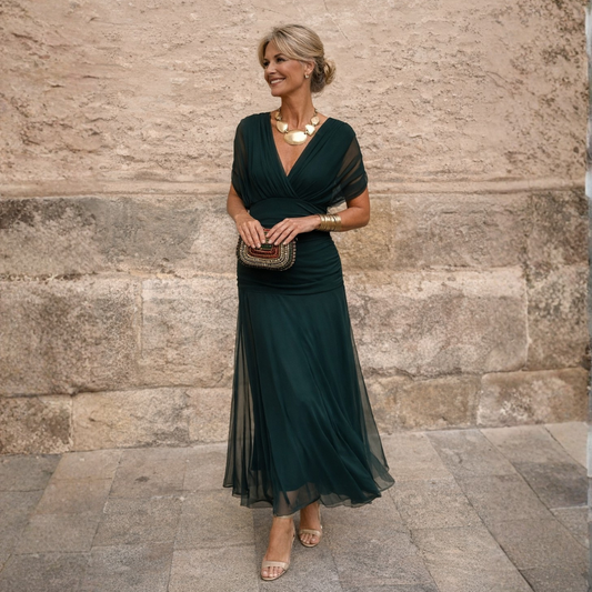 Robe maxi femme drapée col V taille froncée