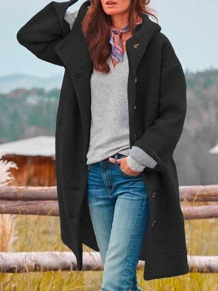 Manteau long femme à capuche boutonné, coupe décontractée