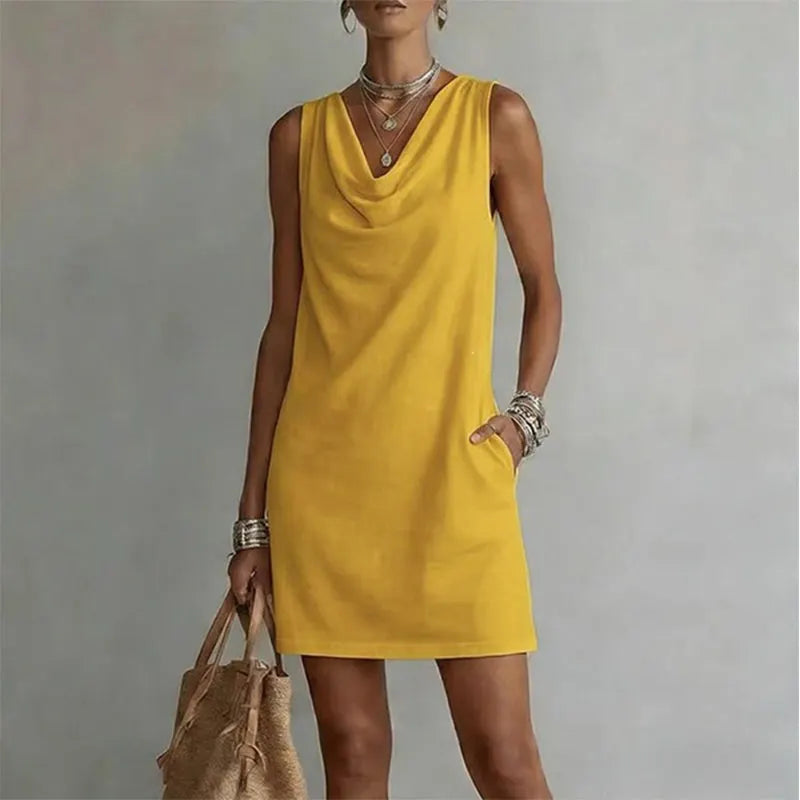 Mini robe femme sans manches avec col drapé