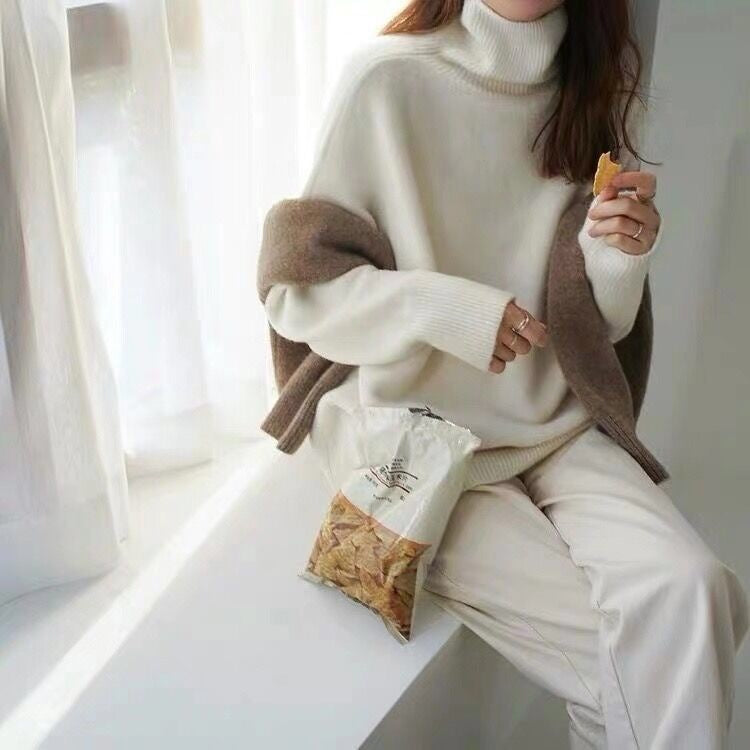 Pull col roulé femme oversize - blanc