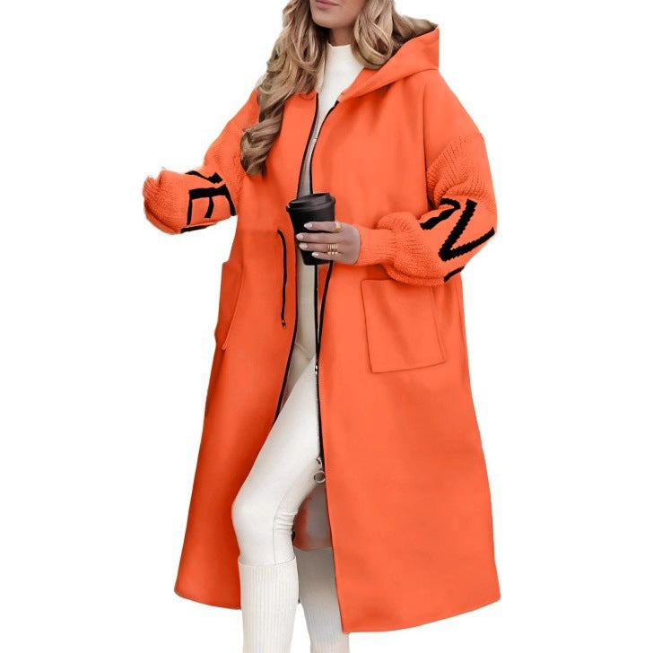 Manteau long femme à capuche et cordon de serrage