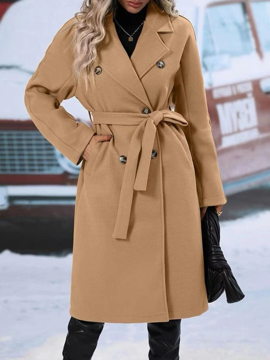 Trench long femme à ceinture et double boutonnage