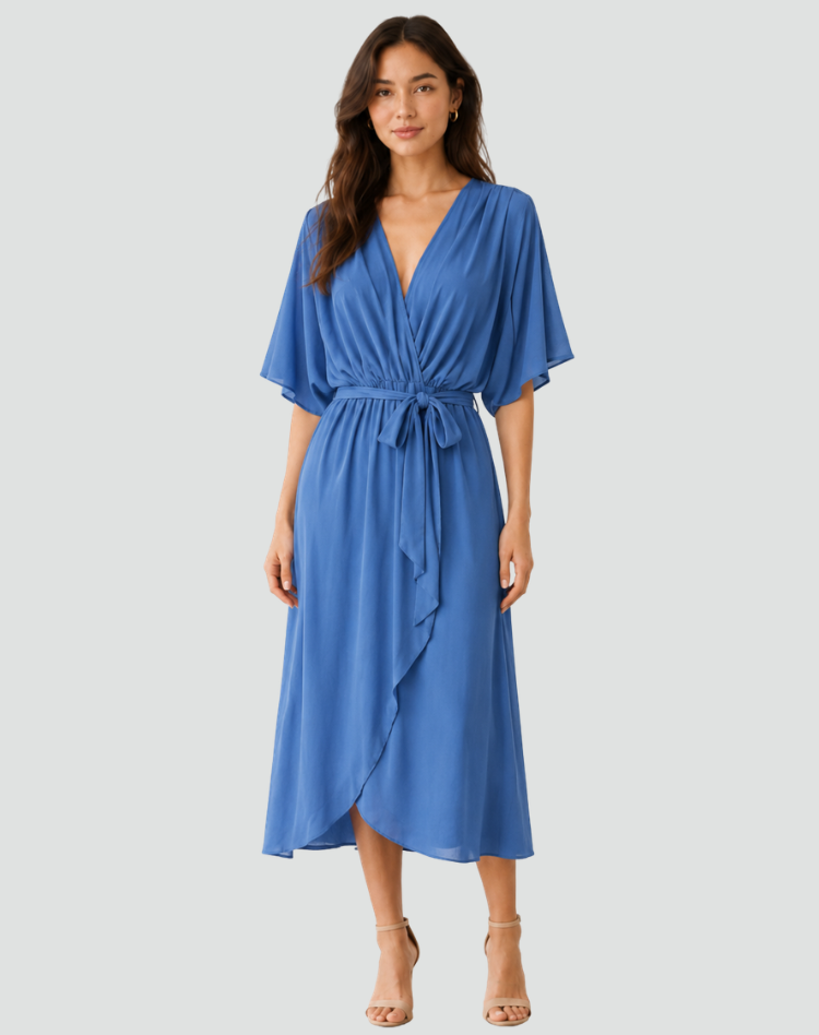 Robe portefeuille midi femme à nouer - bleu