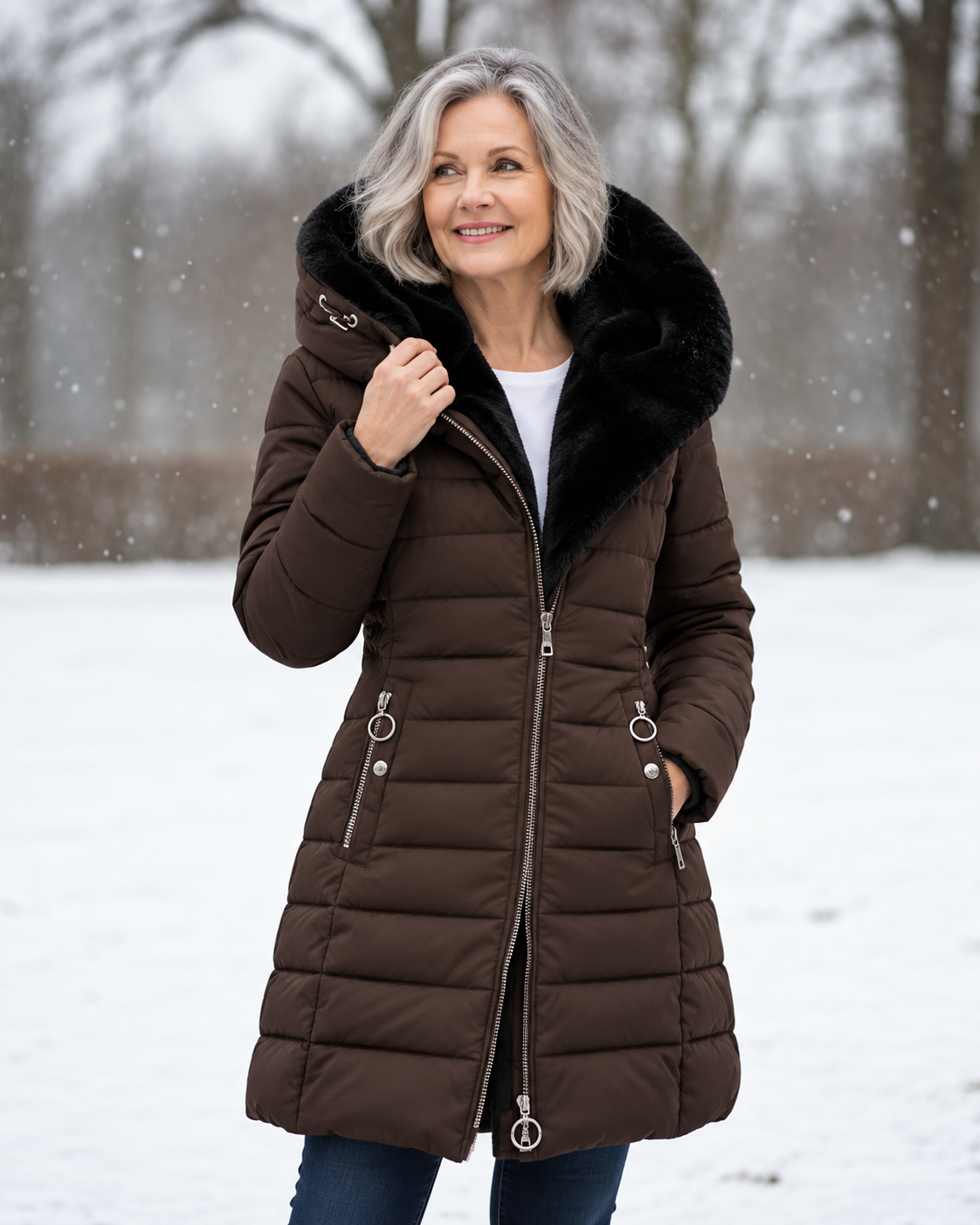 Femme portant un manteau d'hiver matelassé à capuche