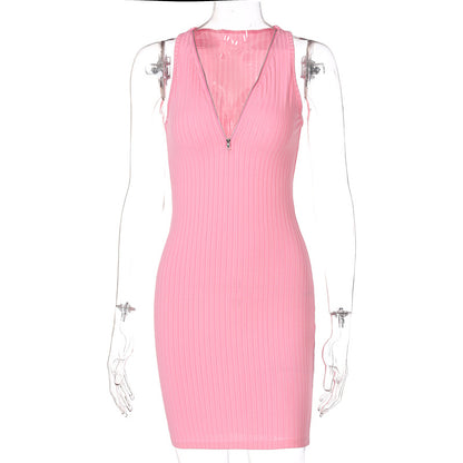 Robe mini femme rayée tricotée sans manches vert rose