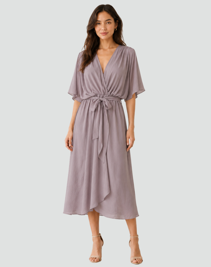 Robe portefeuille midi femme à nouer - gris
