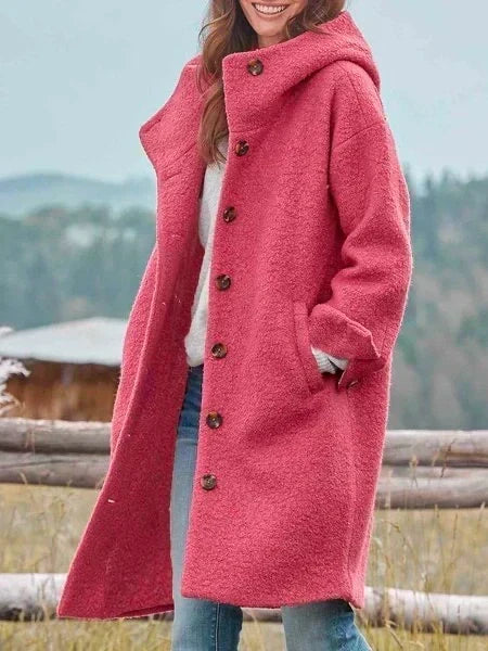 Manteau long femme à capuche boutonné, coupe décontractée