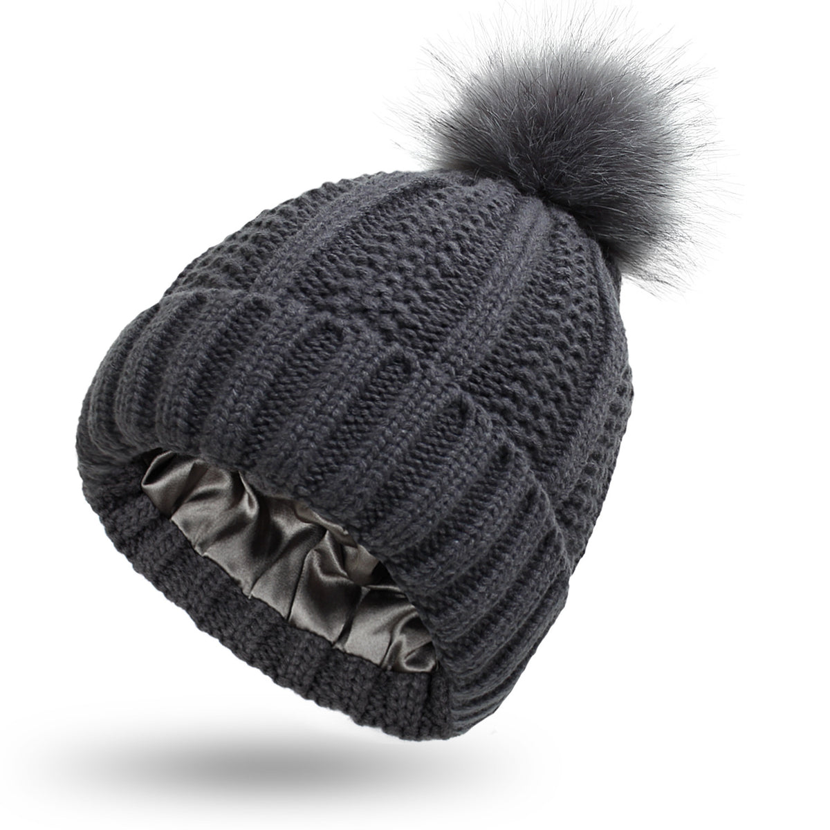 Bonnet femme doublé satin avec pompon fausse fourrure
