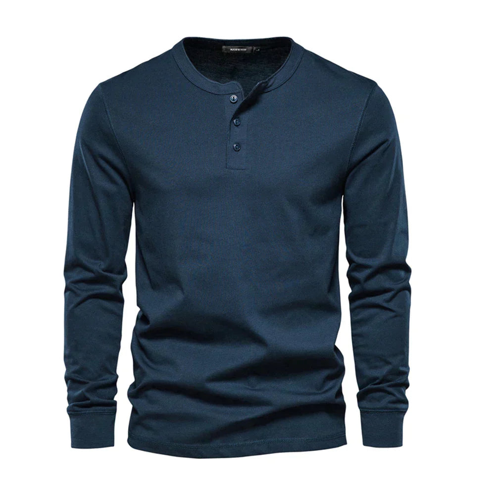 T-shirt homme à col tunisien manches longues - bleu marine