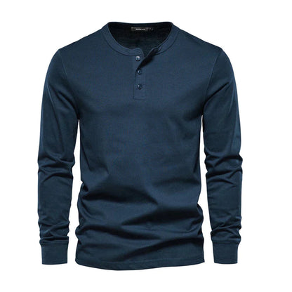 T-shirt homme à col tunisien manches longues - bleu marine