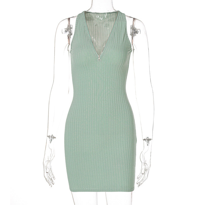 Robe mini femme rayée tricotée sans manches vert rose