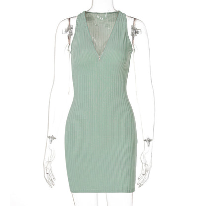 Robe mini femme rayée tricotée sans manches vert rose