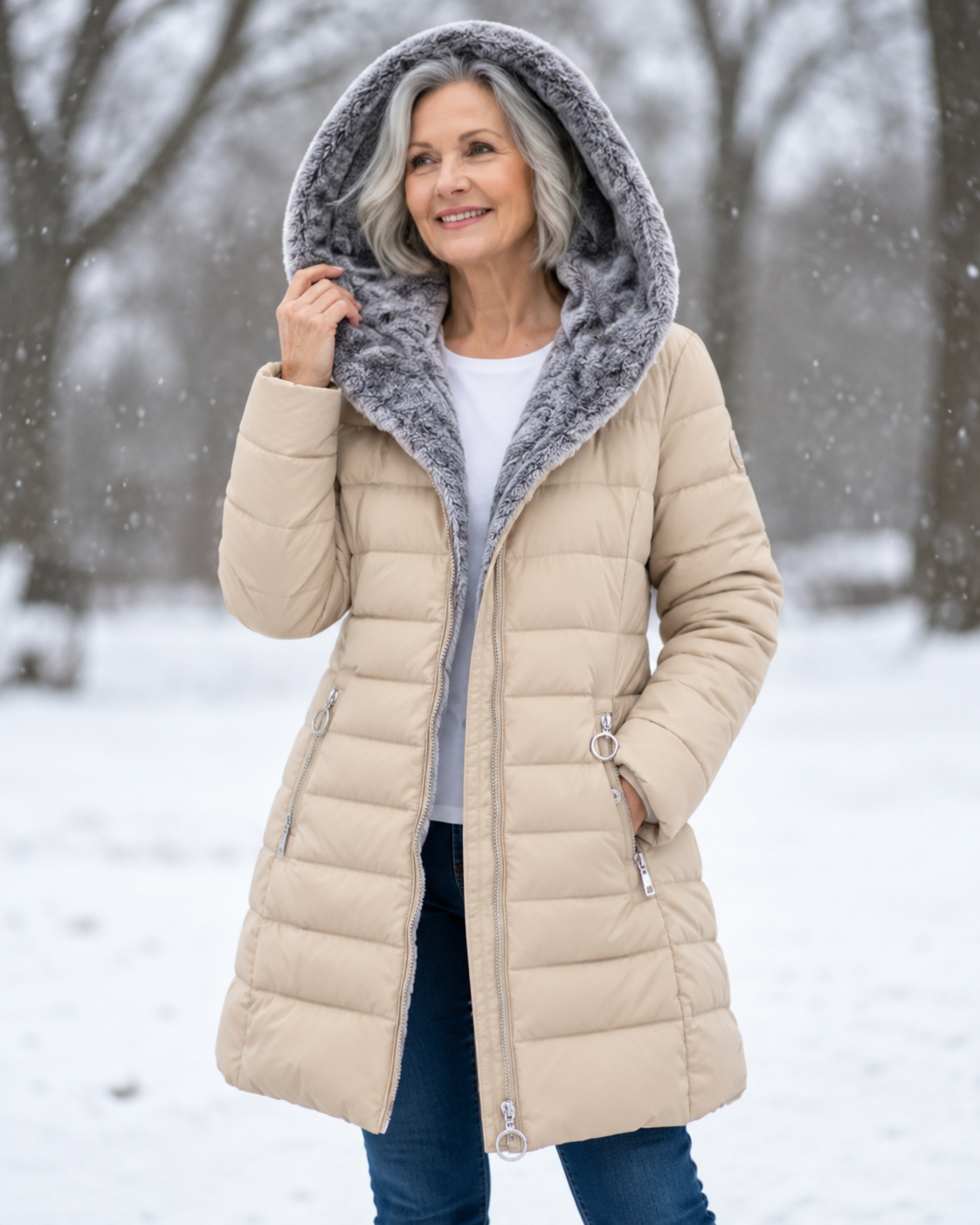 Femme portant un manteau d'hiver matelassé à capuche