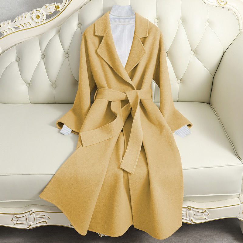 Manteau long en laine femme à col tailleur et ceinture
