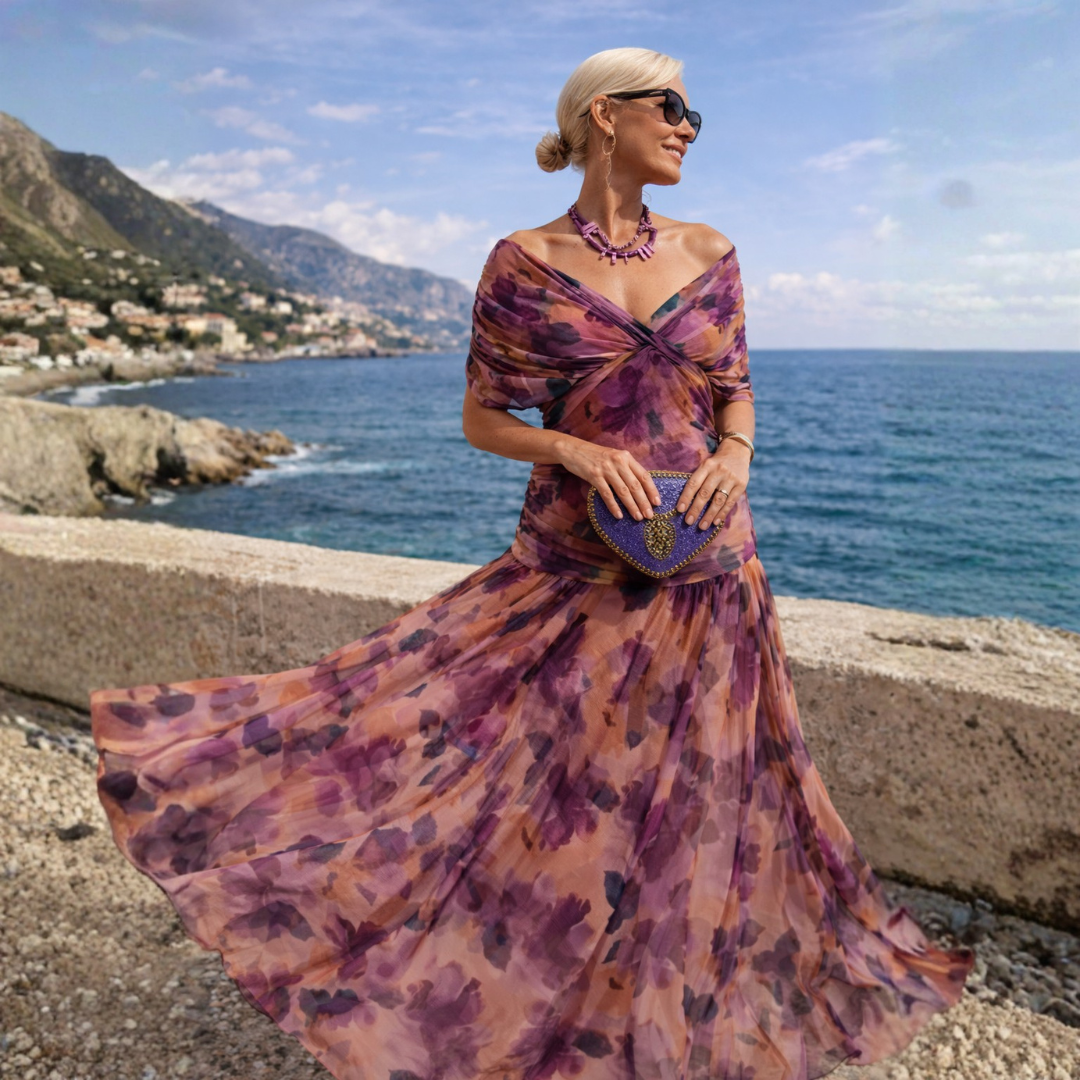 Robe maxi femme drapée col V taille froncée