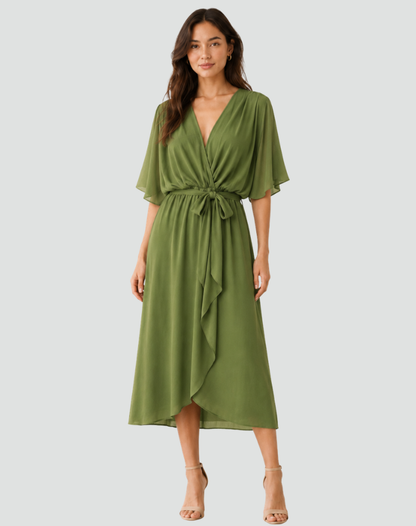 Robe portefeuille midi femme à nouer - vert