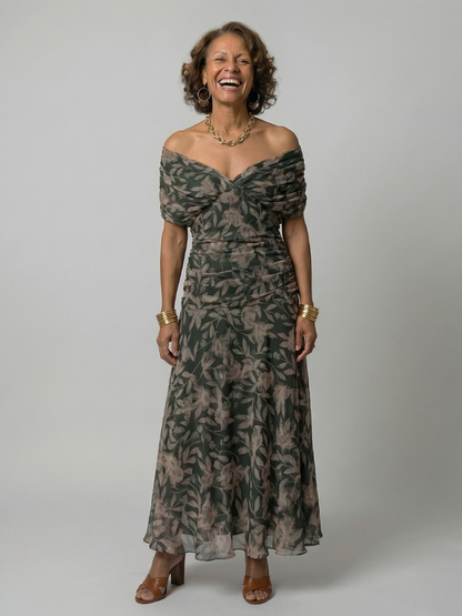 Isaline | Robe Midi Épaules Dénudées Fluide