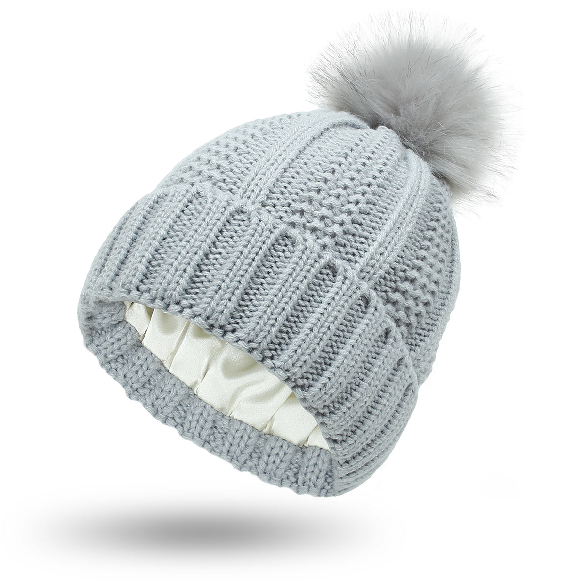 Bonnet femme doublé satin avec pompon fausse fourrure
