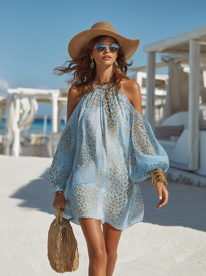 Robe mini bohème bleue à épaules dénudées et motif léopard