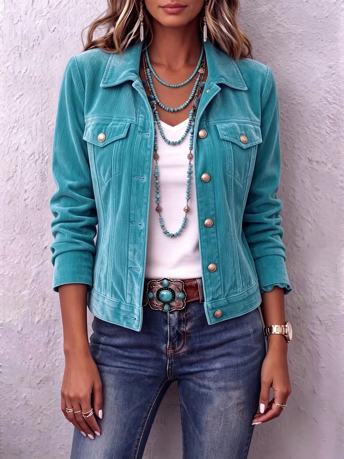 Femme portant une veste boutonnée délavée au style vintage