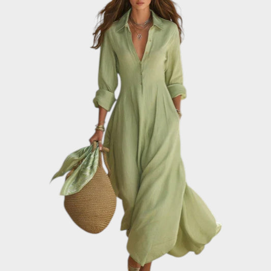 Robe longue femme boutonnée à manches longues, coupe fluide