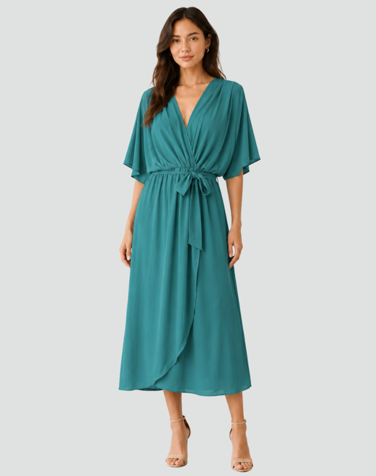 Robe portefeuille midi femme à nouer - bleu lac
